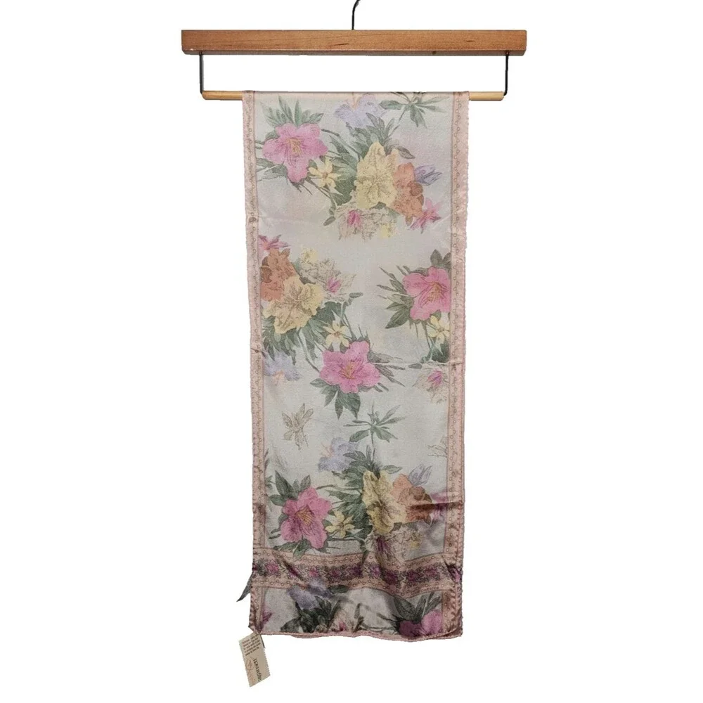 Vtg Liz Claiborne Silk Scarf Floral Rectangular 10x50 Made in Japan Cottagecore
